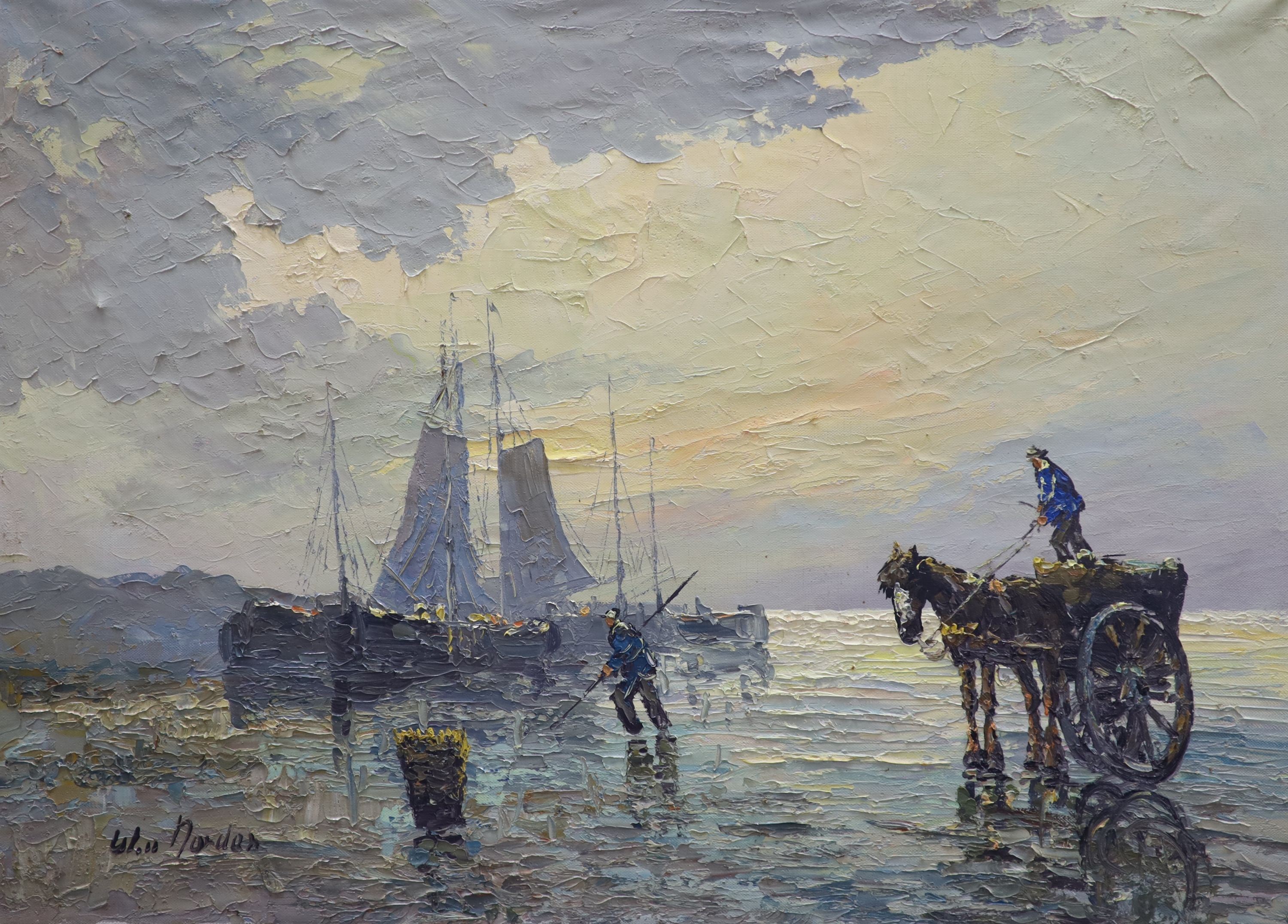 William Hendrik Van Norden (Dutch 1883-1978), oil on canvas, Dutch fisherfolk at low tide, indistinctly signed, 50 x 70cm 49cm x 69cm
